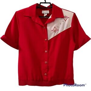 VTG ERIN LONDON Red Button Up Ribbed Hem Short Sleeve Top Size Sm P
